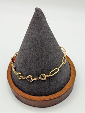 18k Gold-Plate Paperclip chain Rainbow Heart Gem Bracelet Asymmetrical